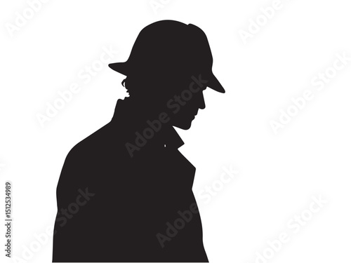 Detective silhouette. Old fashioned detective in hat on white background. Vector style silhouette.