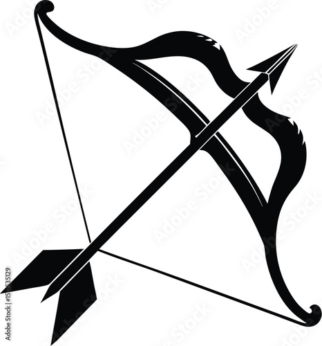  Bow and arrow silhouette, archery icon vector, hunting gear graphic, simple weapon symbol, minimal black design