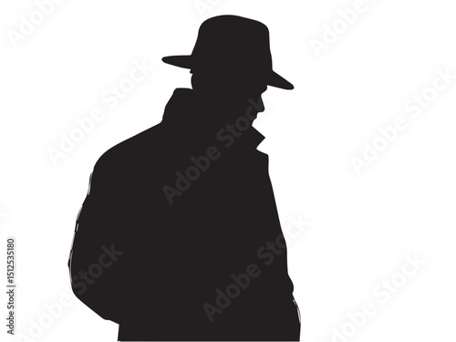 Detective silhouette. Old fashioned detective in hat on white background. Vector style silhouette.	
