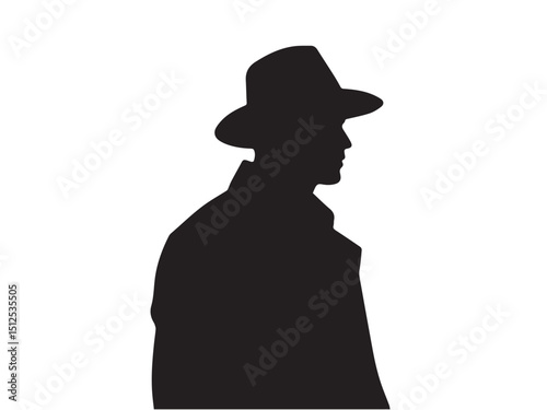 Detective silhouette. Old fashioned detective in hat on white background. Vector style silhouette.