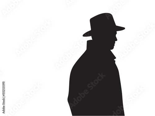 Detective silhouette. Old fashioned detective in hat on white background. Vector style silhouette.	

