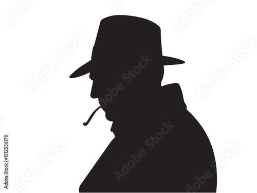 Detective silhouette. Old fashioned detective in hat on white background. Vector style silhouette.