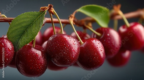 Wallpaper Mural Fresh ripe cherries with water droplets hanging on branch with green leaves against dark background, natural fruit harvest close-up for food photography Torontodigital.ca