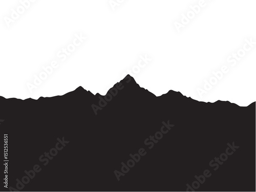 Black mountain range silhouette on white background. Mountain landscape vector silhouette. 