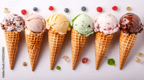 Assorted Ice Cream Flavors in Crispy Cones with Berries and Candy Decor, Isolated on White Background. Generative AI