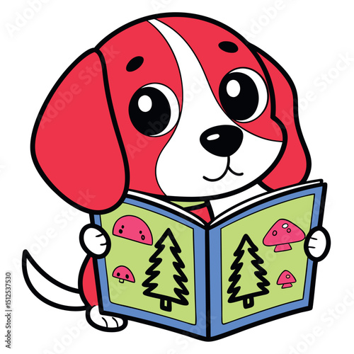 Red cartoon dog reads a book with mushrooms and trees, displaying transparent background