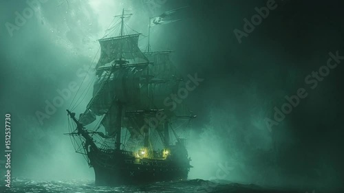 ghost pirate ship emerges from dense sea fog