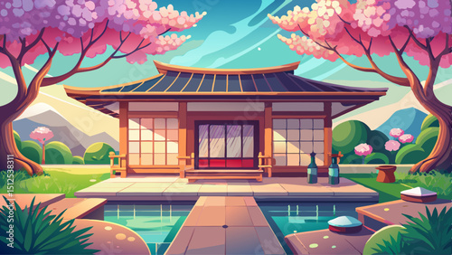 A peaceful Japanese house with sliding doors, wooden floors, curved tiled roof, and serene garden. Surrounded by cherry blossoms, the architecture reflects harmony, nature, and minimalistic design pri