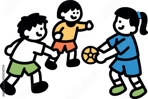 Illustration of Three Children Playing Together with a Ball.