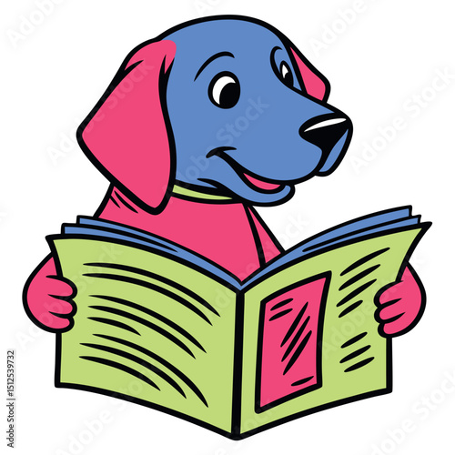 Smiling pink and blue cartoon dog happily reading a bright book, it's a vector