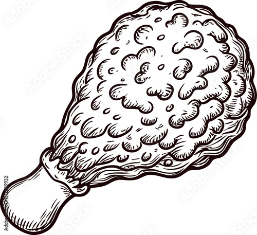 Sketch of a crispy fried chicken drumstick with detailed texture in black and white