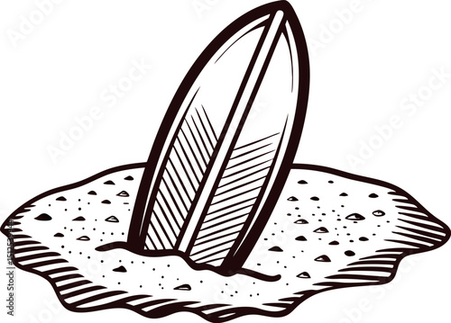 Surfboard stuck in sandy beach with pebbles and waves in black and white drawing