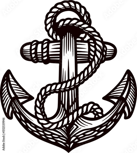 Vintage anchor with rope design emblem in monochrome symbolizing nautical heritage