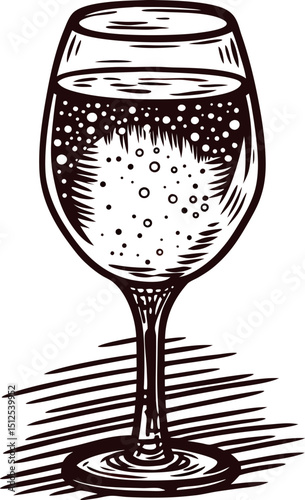 Vintage drawing of wine glass with sparkling beverage on textured background
