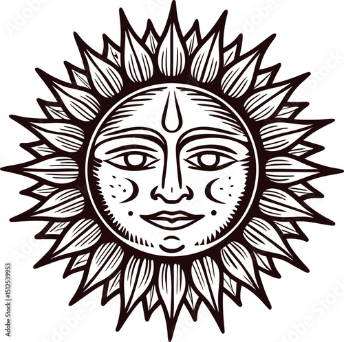 Intricate sun with human face and radiant rays in black and white design