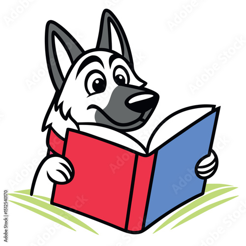 Smiling shepherd dog cartoon is reading a colorful book sitting on grass field