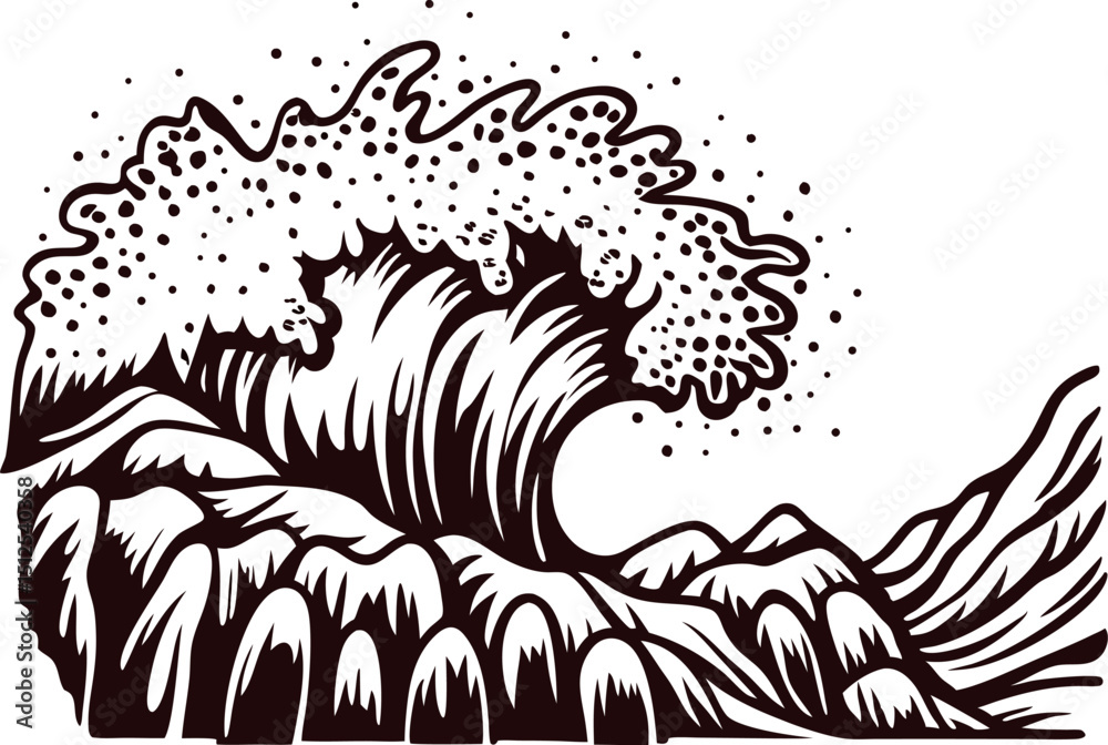Fototapeta premium Stylized ocean waves crashing against rugged cliffs in intricate black and white design