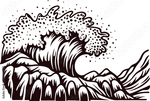 Stylized ocean waves crashing against rugged cliffs in intricate black and white design