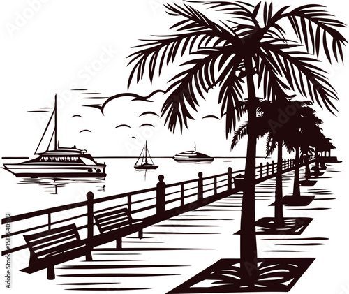 Scenic harbor with palm trees and sailboats on a sunny day