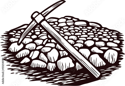 a-hand-drawn-pickaxe-lying-on-top-of-a-stack-of-la.eps