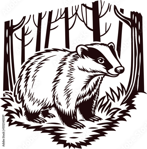 Badger in forest detailed woodcut against woodland background