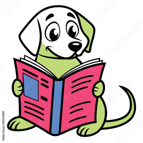 A cute cartoon dog character with a white head reads a pink book happily