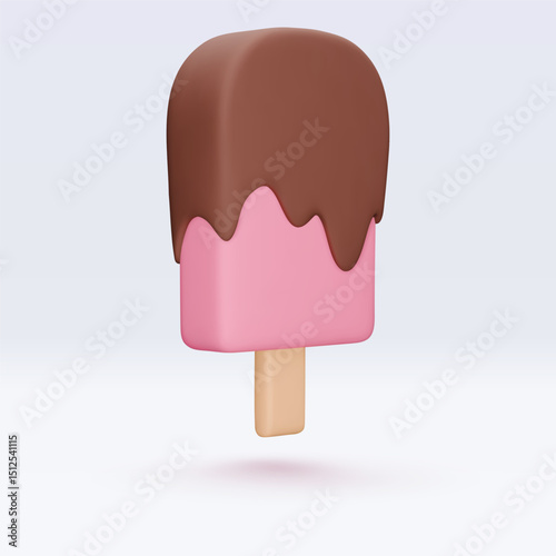 Pink Ice cream with chokolate glaze, icon, 3d render. Design elements. Realistic fast food icon. Sweet food. Vector illustration isolated on white for menu, shop, flyer, banner, web, adv, sale