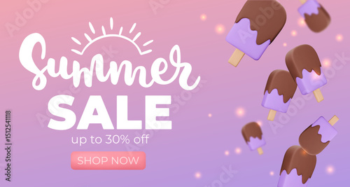 Banner with purple Ice cream on pink background, summer sale, up to 30%, 3d render. Design elements. Realistic sweet food poster. Vector illustration for menu, shop, flyer, web, adv, sale