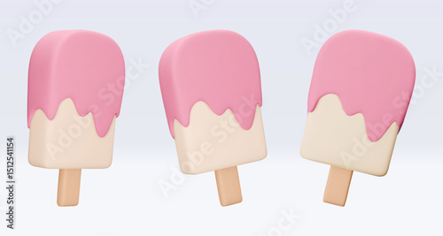 Set Ice cream with chokolate glaze, icon, 3d render. Design elements. Realistic fast food icon. Sweet food. Vector illustration isolated on white for menu, shop, flyer, banner, web, adv, sale