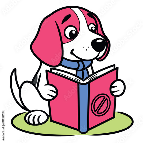 Cartoon dog with pink ears and blue scarf studies a pink book carefully