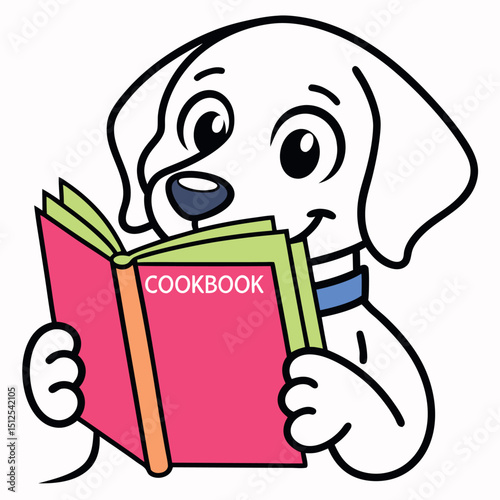 Cheerful cartoon dog is engrossed in reading a vibrant cookbook with transparent background