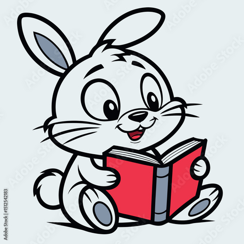 Cartoonish rabbit sits attentively holding a red book and appears deeply engrossed in the story