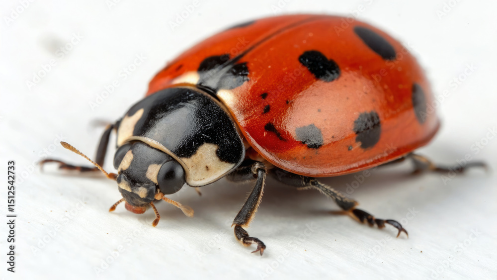 Fototapeta premium Red ladybug with black spots, sitting on a white surface