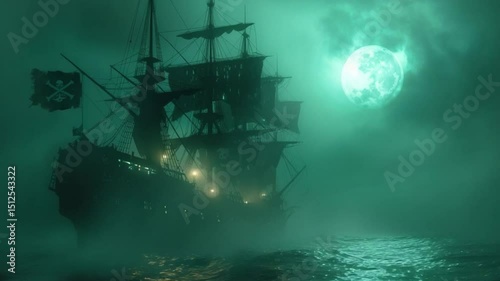 ghost pirate ship emerges from dense sea fog