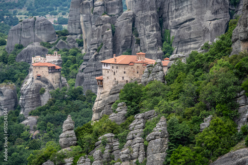 ancient churches in the remote mountains of the Meteora Valley in Greece on a May day