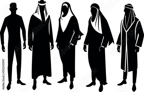 Silhouetted figures wearing traditional Middle Eastern clothing in black and white
