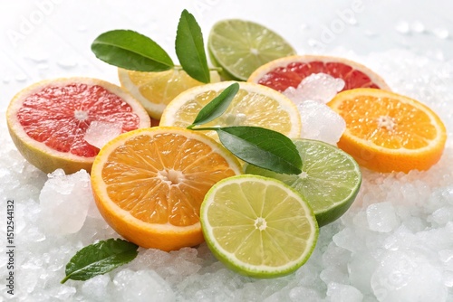 Bright Citrus Fruit Slices on Ice with Fresh Green Leaves