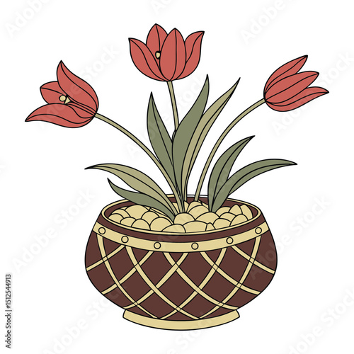 A decorative flower arrangement in a round, ornate pot. The pot is brown with a gold net-like design. The flowers are vibrant red tulips with fresh green leaves