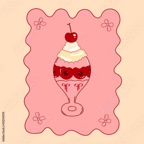 Vintage ice cream sundae with cherry and bow poster background