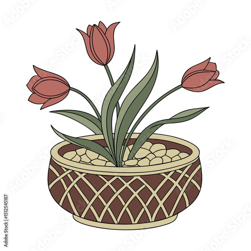A decorative flower arrangement in a round, ornate pot. The pot is brown with a gold net-like design. The flowers are vibrant red tulips with fresh green leaves