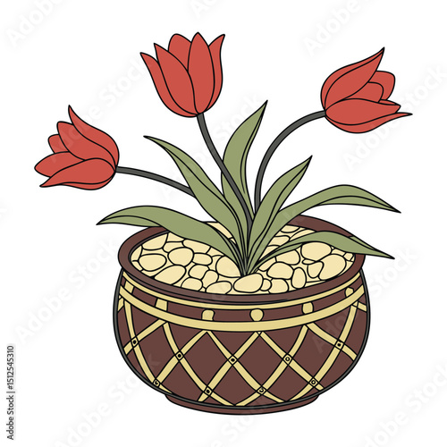 A decorative flower arrangement in a round, ornate pot. The pot is brown with a gold net-like design. The flowers are vibrant red tulips with fresh green leaves