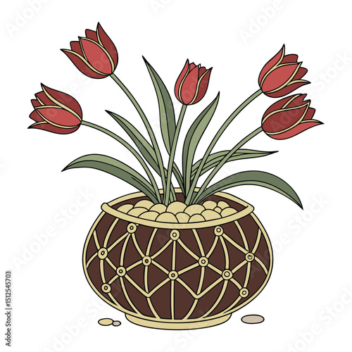 A decorative flower arrangement in a round, ornate pot. The pot is brown with a gold net-like design. The flowers are vibrant red tulips with fresh green leaves