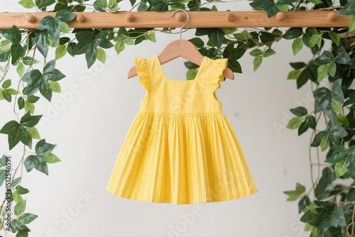 Yellow Pleated Child's Dress Hanging on Wooden Hanger with Green Leaves
