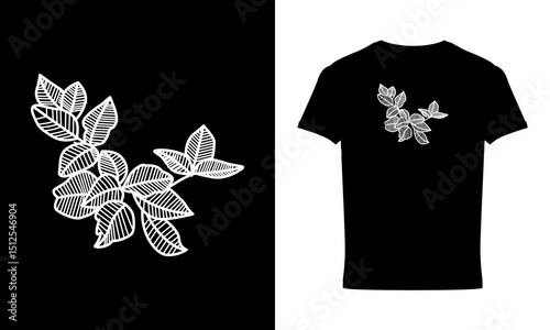 A crisp and modern vector illustration featuring stylized white leaves with intricate striped patterns, arranged on a striking black background