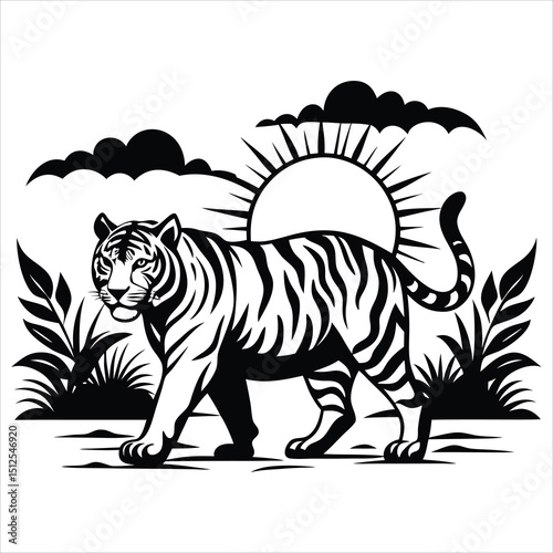 Wallpaper Mural Tiger Walking Through Lush Jungle Leaves Intricate Vector Design Torontodigital.ca