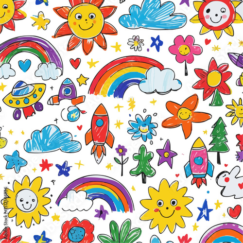 seamless pattern with rainbow and flowers