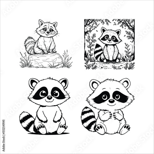 Raccoon coloring pages for kids, cute raccoon illustrations and line art for children to color in at home