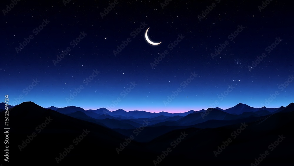 Obraz premium Crescent moon over silhouetted mountain range night sky stars