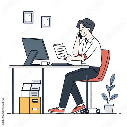 Young happy businessman using laptop computer working at his desk at home office.