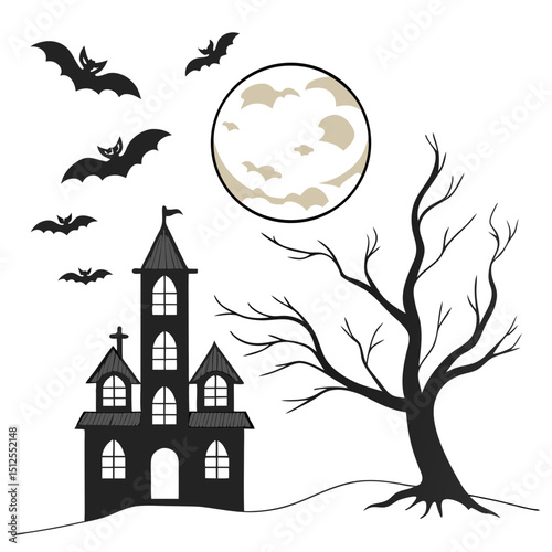 Enchanting full moon and silhouettes of bats with a magical castle creates a halloween night illustration for the festive spooky season celebration